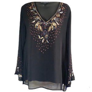 Vintage🧚‍♀️ Raindrops black long sleeve semi-Sheer sequinned blouse size L